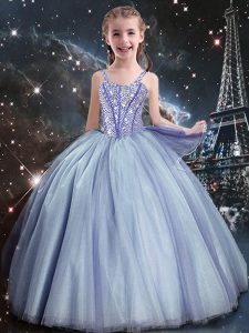 Best Light Blue Ball Gowns Tulle Straps Sleeveless Beading Floor Length Lace Up Pageant Gowns For Girls