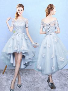 High Low A-line Short Sleeves Light Blue Quinceanera Court of Honor Dress Lace Up