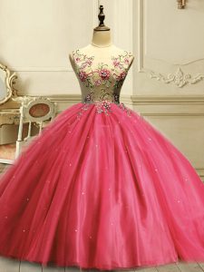 Superior Coral Red Ball Gowns Tulle Scoop Sleeveless Appliques and Sequins Floor Length Lace Up Quince Ball Gowns