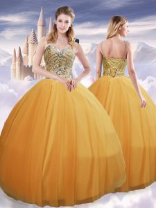 Hot Sale Gold Ball Gowns Tulle Spaghetti Straps Sleeveless Beading Floor Length Lace Up Sweet 16 Dresses