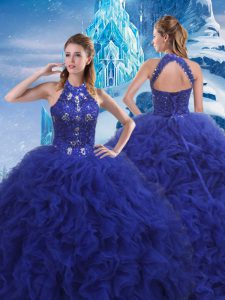 Glittering Lace Up 15 Quinceanera Dress Blue for Military Ball and Sweet 16 and Quinceanera with Beading and Ruffles Brush Train
