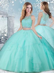 Super Aqua Blue Sweet 16 Dress Military Ball and Sweet 16 and Quinceanera with Beading Scoop Sleeveless Clasp Handle