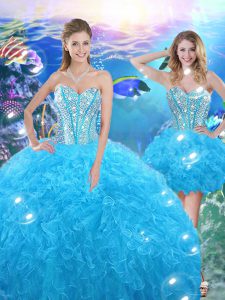 Baby Blue Sleeveless Floor Length Beading and Ruffles Lace Up Quinceanera Dress