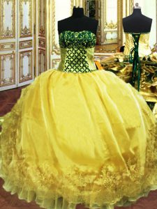 Ball Gowns Quince Ball Gowns Gold Sweetheart Organza Sleeveless Floor Length Lace Up