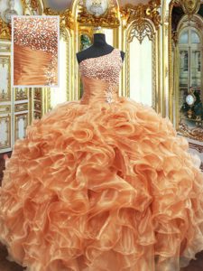 Fine Orange Ball Gowns Organza One Shoulder Sleeveless Beading and Ruffles Floor Length Lace Up Sweet 16 Dress
