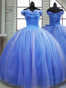 Light Blue Sleeveless Pick Ups Lace Up Ball Gown Prom Dress
