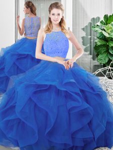 Vintage Blue Sleeveless Lace and Ruffles Floor Length 15 Quinceanera Dress