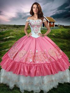 Sleeveless Taffeta Floor Length Lace Up Sweet 16 Quinceanera Dress in Hot Pink with Beading and Embroidery and Ruffled Layers