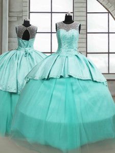Scoop Sleeveless Brush Train Lace Up Sweet 16 Dresses Turquoise Tulle