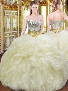 Affordable Light Yellow Sweetheart Lace Up Beading and Ruffles Quince Ball Gowns Sleeveless