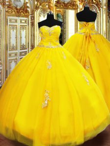 Sleeveless Tulle Floor Length Lace Up Quinceanera Gowns in Gold with Beading and Appliques