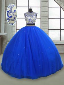 Charming Scoop Sleeveless Quince Ball Gowns Floor Length Beading Royal Blue Tulle