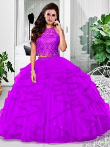 Fantastic Eggplant Purple Two Pieces Halter Top Sleeveless Tulle Floor Length Zipper Lace and Ruffles Sweet 16 Dress