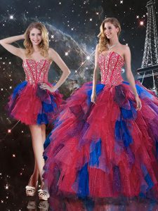 Cute Multi-color Three Pieces Beading and Ruffles Sweet 16 Dresses Lace Up Tulle Sleeveless Floor Length