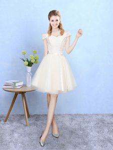 Attractive Champagne Empire Tulle Off The Shoulder Cap Sleeves Lace Knee Length Lace Up Vestidos de Damas