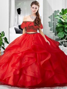 Amazing Red Lace Up Quinceanera Dress Lace and Ruffles Sleeveless Floor Length