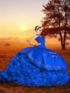 Fine Lace Up Vestidos de Quinceanera Blue for Military Ball and Sweet 16 and Quinceanera with Embroidery and Ruffles Brush Train