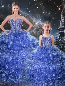 Fancy Sleeveless Organza Floor Length Lace Up Quinceanera Dress in Blue with Beading and Ruffles