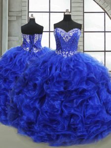 Eye-catching Royal Blue Lace Up 15th Birthday Dress Beading and Ruffles Sleeveless Floor Length