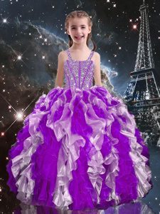 Straps Sleeveless Organza Girls Pageant Dresses Beading and Ruffles Lace Up