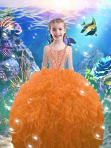 Popular Orange Red Ball Gowns Organza Straps Sleeveless Beading and Ruffles Floor Length Lace Up Little Girls Pageant Dress Wholesale