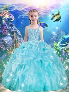 Customized Aqua Blue Sleeveless Floor Length Beading and Ruffles Lace Up Girls Pageant Dresses