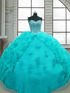 Decent Aqua Blue Ball Gowns Organza Sweetheart Sleeveless Beading and Appliques and Pick Ups Floor Length Lace Up Quinceanera Dress