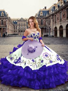 Floor Length Purple Quinceanera Dress Organza Sleeveless Embroidery and Ruffled Layers