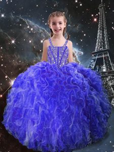 Wonderful Eggplant Purple Ball Gowns Straps Sleeveless Organza Floor Length Lace Up Beading and Ruffles Little Girls Pageant Dress Wholesale