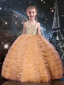 Best Orange Red Tulle Lace Up Pageant Gowns For Girls Sleeveless Floor Length Beading and Ruffled Layers
