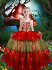 Top Selling Sleeveless Organza Floor Length Lace Up Kids Pageant Dress in Red with Beading and Ruffled Layers