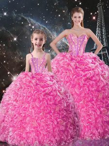 Floor Length Lace Up Sweet 16 Dresses Rose Pink for Military Ball and Sweet 16 and Quinceanera with Beading and Ruffles