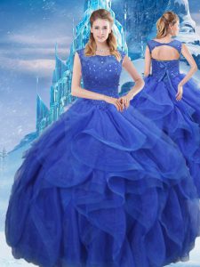 Popular Bateau Sleeveless Lace Up 15th Birthday Dress Royal Blue Organza