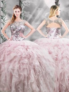 Wonderful Sleeveless Floor Length Ruffles Zipper Sweet 16 Quinceanera Dress with Pink