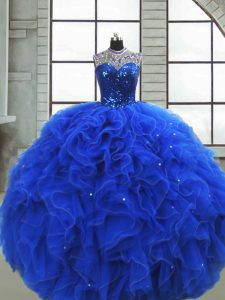 Artistic Royal Blue Quince Ball Gowns Military Ball and Sweet 16 and Quinceanera with Ruffles and Sequins Scoop Sleeveless Zipper