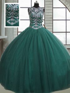 Inexpensive Floor Length Dark Green Quinceanera Gowns Tulle Sleeveless Beading