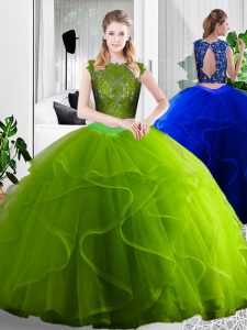 Olive Green Zipper Ball Gown Prom Dress Lace and Ruffles Sleeveless Floor Length