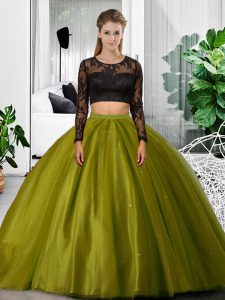 Tulle Scoop Long Sleeves Backless Lace and Ruching Quinceanera Gowns in Olive Green