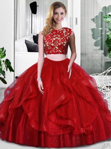 Tulle Sleeveless Floor Length 15th Birthday Dress and Lace and Ruffles