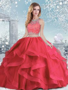 Custom Designed Coral Red Quinceanera Dresses Military Ball and Sweet 16 and Quinceanera with Beading and Ruffles Scoop Sleeveless Clasp Handle