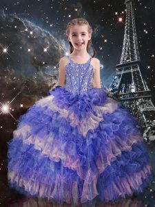 Enchanting Straps Sleeveless Organza Little Girls Pageant Dress Wholesale Beading and Ruffled Layers Lace Up