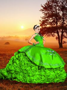 Green Sleeveless Organza Brush Train Lace Up Quinceanera Dresses for Military Ball and Sweet 16 and Quinceanera