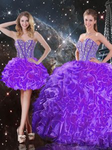 Glamorous Eggplant Purple Sleeveless Organza Lace Up Quinceanera Gown for Military Ball and Sweet 16 and Quinceanera