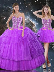 Hot Sale Floor Length Purple Quinceanera Gown Organza Sleeveless Ruffled Layers