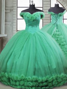 Off The Shoulder Sleeveless Quince Ball Gowns Brush Train Hand Made Flower Turquoise Fabric With Rolling Flowers