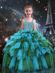 Excellent Teal Ball Gowns Tulle Straps Sleeveless Beading and Ruffles Floor Length Lace Up Child Pageant Dress