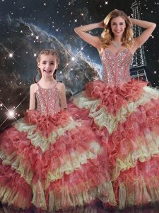 Multi-color Organza Lace Up Sweetheart Sleeveless Floor Length Quince Ball Gowns Beading and Ruffled Layers and Sequins