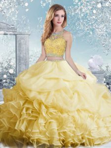Perfect Beading and Ruffles and Pick Ups Quinceanera Dresses Yellow Clasp Handle Sleeveless Floor Length