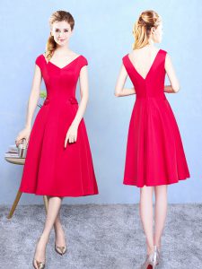 Shining Ruching Quinceanera Dama Dress Red Zipper Cap Sleeves Tea Length