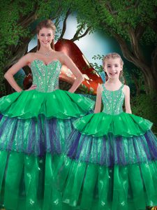 Inexpensive Organza Sweetheart Sleeveless Lace Up Beading and Ruffled Layers Sweet 16 Quinceanera Dress in Green